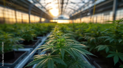 Industrial hemp cultivation in a greenhouse with rows of plants at sunset, useful for content on sustainable agriculture, commercial cannabis production, and the legal hemp industry. High quality
