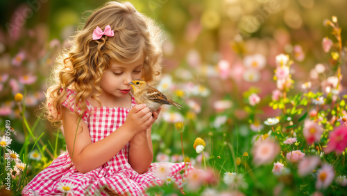 A girl with closed eyes and a dreamy expression holds a bird in her hands while sitting in a spring meadow.