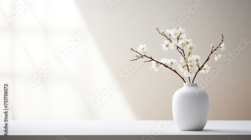 Spring blossom twigs in vase on table  soft shadows on wall