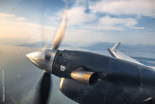 Jet engine propeller from window on a flight