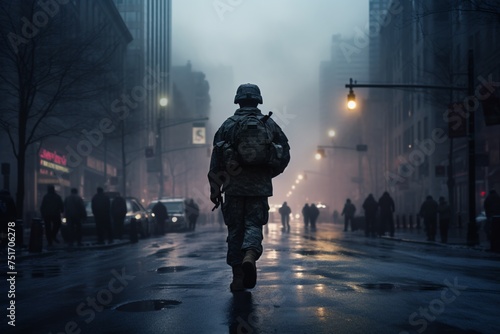a person in military uniform walking down a street