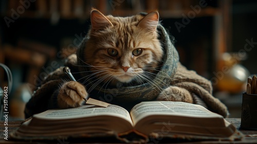 A Felidae sits at a table, reading a book and writing on paper