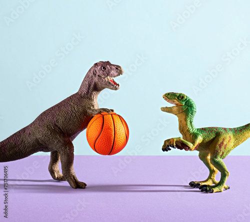 Two dinosaurs playing basketball on blue and violet background.