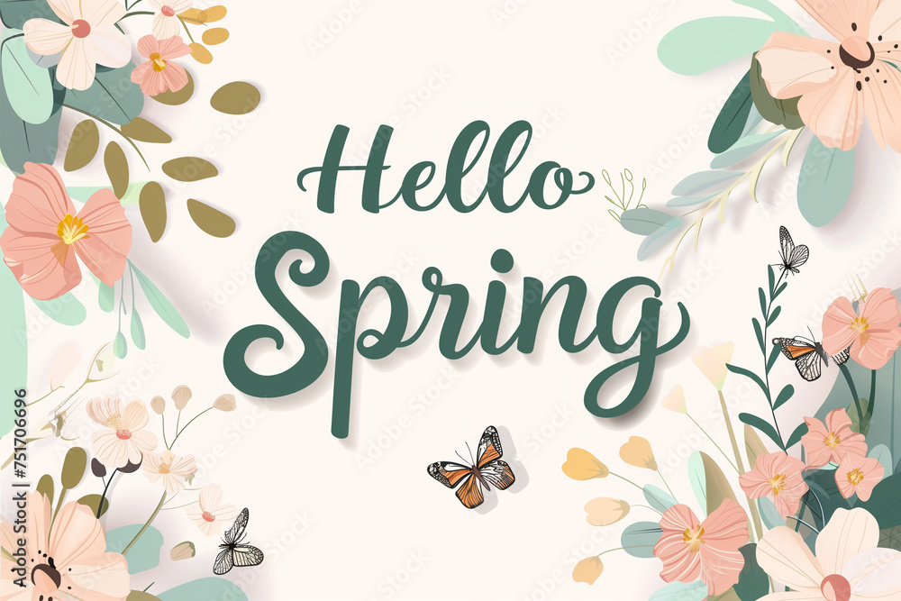Springtime Splendor: Vector Background Design Featuring 'Hello Spring' Typography, Fresh Blooms, and Delicate Butterfly Elements, Perfect for Celebrating the Holiday Season