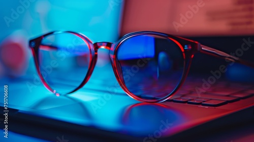 Red and black female glasses for working at a computer with a blue filter lenses near the laptop. Anti blue light and rays. Eye protection