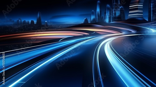 Abstract Motion Curvy Urban Road with Neon Light Effect Applied. Automobile Background Concept.