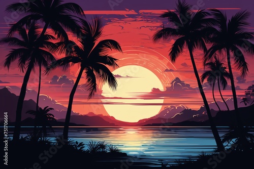 a sunset over a body of water with palm trees © Alex