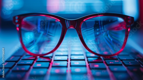 Red and black glasses for working at a computer with a blue filter lenses on the laptop keyboard. Anti blue light and rays. Eye protection 