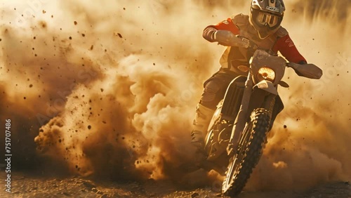 Professional motorbike rider on dirt and dusty terrain photo