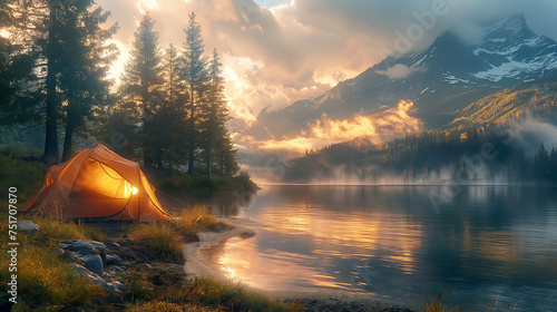 Lakeside campsite at dusk with glowing tent and crackling fire under sunrise sky