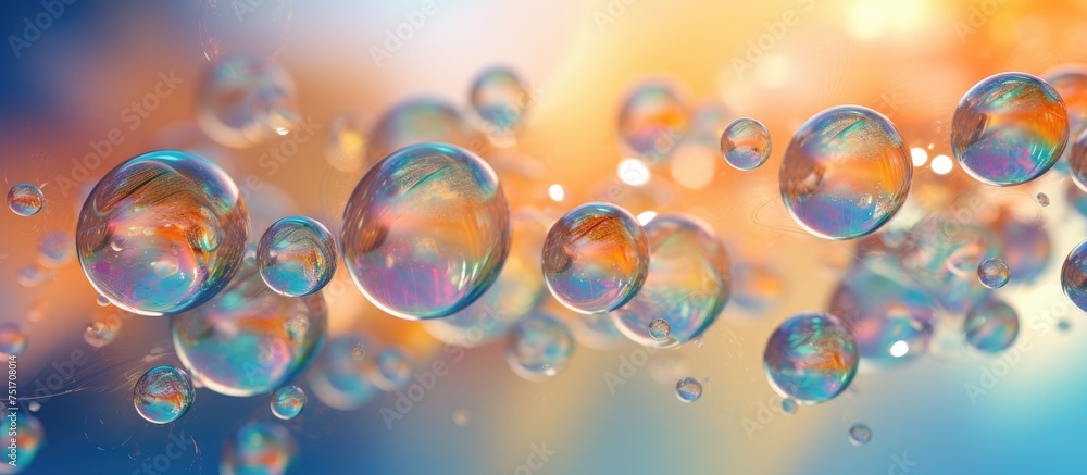 A collection of soap bubbles of varying sizes floats atop a window surface, reflecting light and creating a whimsical display. The bubbles exhibit spherical shapes and move effortlessly due to surface