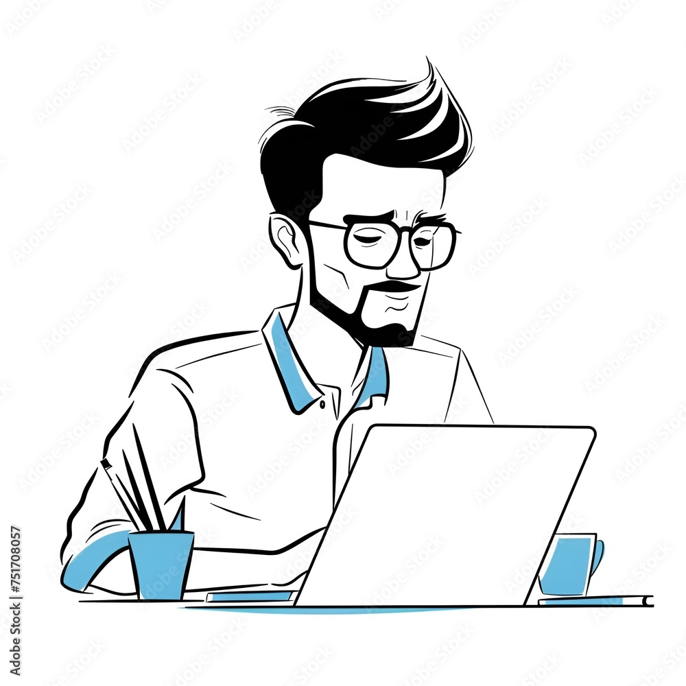 Handsome Businessman with Screen and Documents - Simple Line Illustration Handsome Businessman with Screen and Documents - Simple Line Illustration