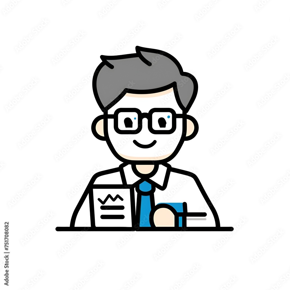 Handsome Businessman with Screen and Documents - Simple Line Illustration