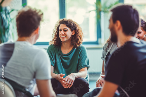 People support each other in a rehab session. People communicating with each other sitting in circle in group therapy session.