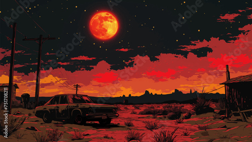 Abandoned car against an apocalyptic sunset, surrounded by desolate landscape. Vector generative ai.