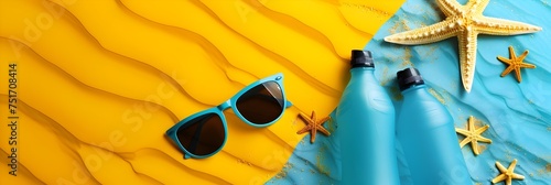 Tropical beach vibe with starfish and shades - Summer beach holiday scene with blue sunglasses and starfish on a vibrant yellow and blue background photo