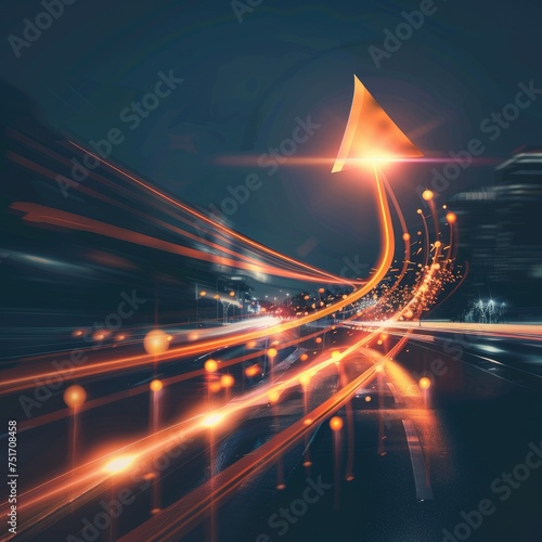 Upward glowing arrow on a night road - An abstract concept of success and growth, with a glowing orange arrow rising above a city street at night