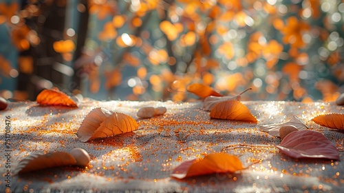 Autumn composition with fallen yellow tree leaves on fabric with many orange particles photo
