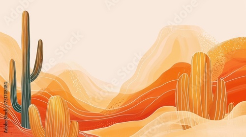 Whimsical desert scene with a variety of cacti and warm-toned rolling hills, concept of vibrant ecosystems and desert flora