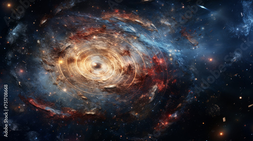 Featuring a mesmerizing spiral structure, this image captures the grandiosity of a galaxy surrounded by interstellar clouds, invoking a sense of deep space photo
