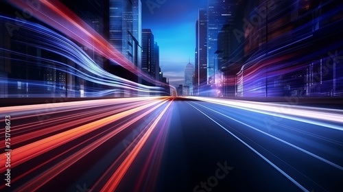Abstract Motion Curvy Urban Road with Neon Light Effect Applied. Automobile Background Concept. © Tahir