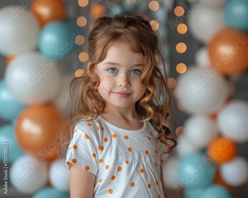 a little girl celebrates her birthday on the background of balloons