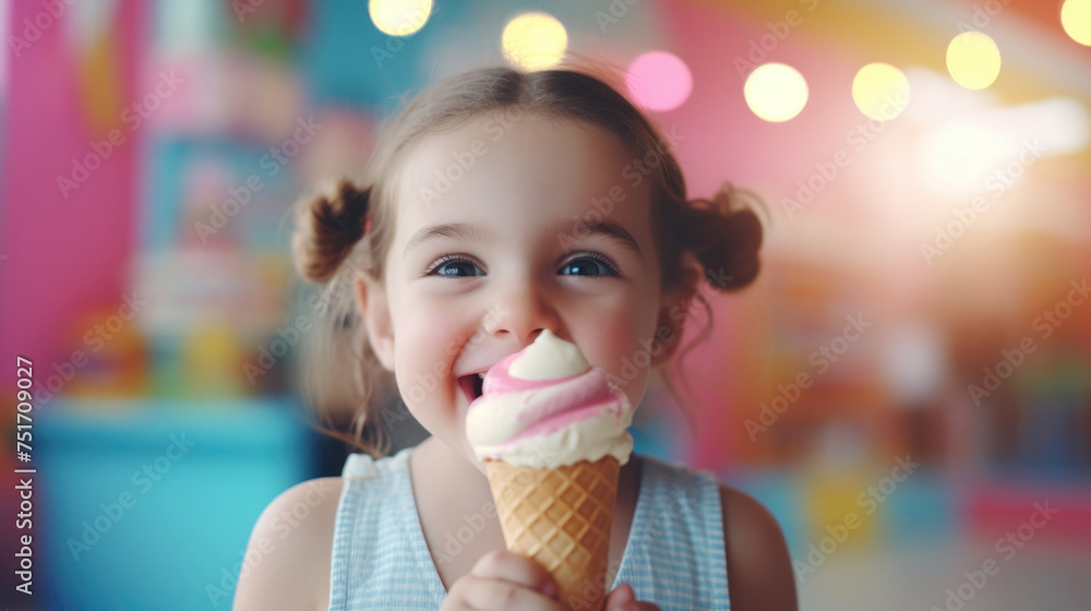 Cheerful little girl enjoying vibrant rainbow ice cream cone on sunny day
