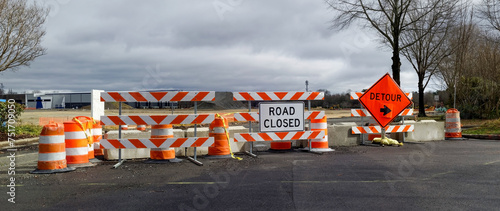 Photography ROAD CLOSED DETOUR sign at construction site
