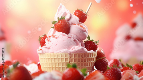 Strawberry pink ice cream with flying berries ingredients, food background