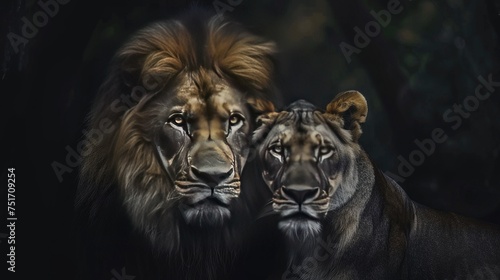Lion and lioness, an animal family, captured in a dark portrait, showcasing the regal beauty of these untamed creatures in the wild © pvl0707