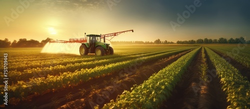 Tractor spraying insecticide on soybean field at sunset