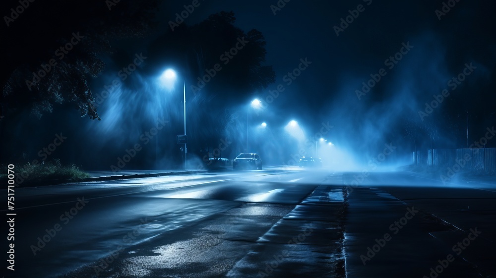 Blue Neon Searchlight Illuminates Dark Scene - Wet Asphalt, Smoke, Night View