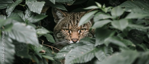 a close up of a cat peeking out from behind a leafy plant with its face peeking through the leaves.