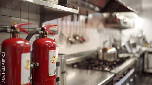 Fire extinguisher in kitchen , Fire awareness concept .