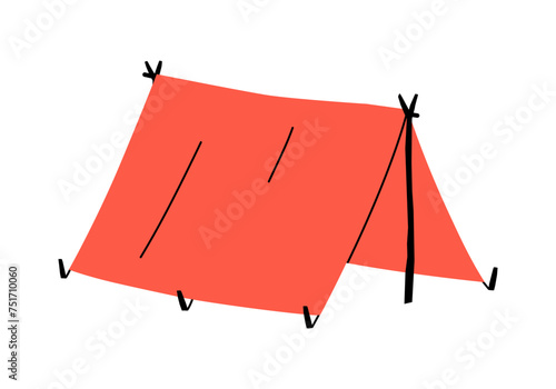 Hand drawn cute cartoon illustration of camping tarp. Flat vector outdoor tent shelter sticker in colored doodle style. Tourism canopy or awning icon with outline. Adventure, hiking. Isolated.