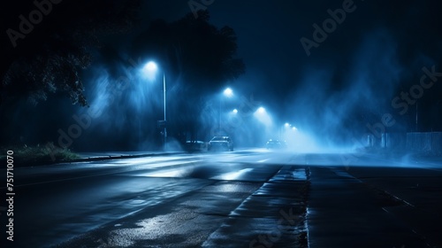 Blue Neon Searchlight Illuminates Dark Scene - Wet Asphalt, Smoke, Night View © Tahir