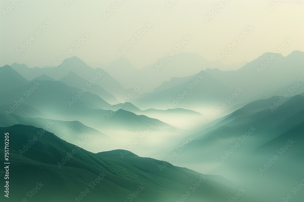 Design a mottled background that captures the ethereal beauty of a misty morning in a mountain valley, with soft whites and greens blending into the silhouettes of distant peaks - obrazy, fototapety, plakaty 