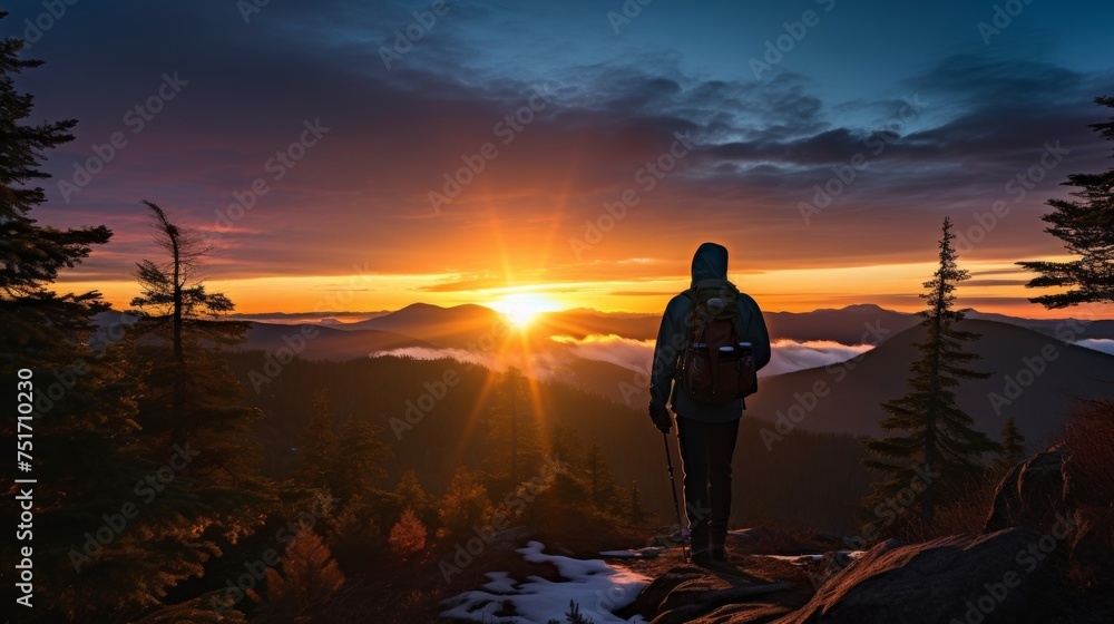 Vibrant sunrise scene with hiker silhouette Vibrant sunrise scene with hiker silhouette