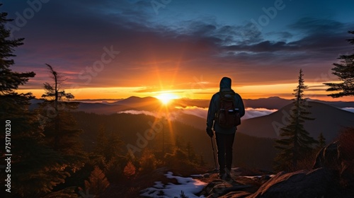 Vibrant sunrise scene with hiker silhouette