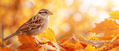 a small bird perched on top of a pile of leaves in front of a yellow and orange background of leaves.