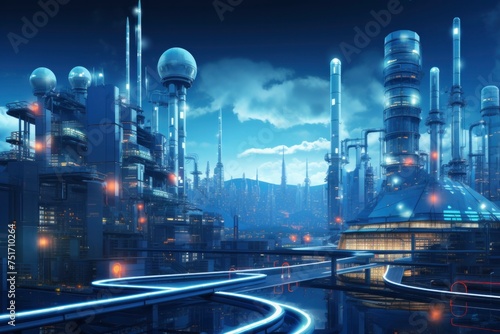 A sprawling futuristic cityscape glows under twilight, showcasing advanced industrial structures and neon highlights