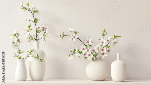 white vases with flowers on a white shelf with copy space , backdrop for product presentation .