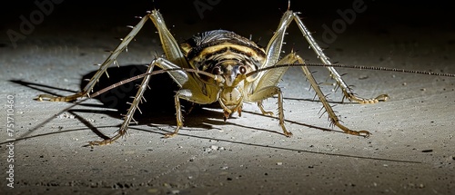 a close up of a bug on the ground with a light shining on it's back legs and head. photo