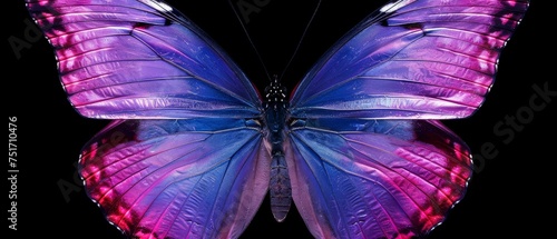 a close up of a purple and red butterfly on a black background with a reflection of it's wings. photo