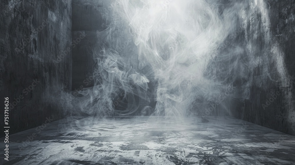 An abstract setting featuring dimly lit space with concrete walls and billowing smoke for immersive ambience. An abstract setting featuring dimly lit space with concrete walls and billowing smoke for immersive ambience.