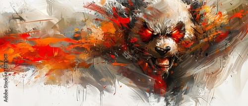 a painting of a bear with orange and red paint splatters on it's face and body and head. photo