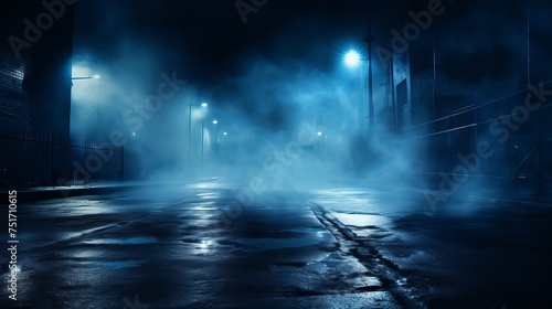 Blue Neon Searchlight Illuminates Dark Scene - Wet Asphalt  Smoke  Night View