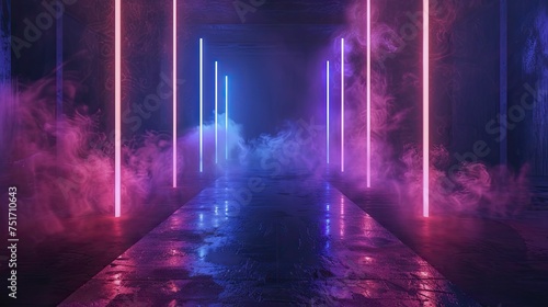 Abstract dark stage with neon blues and purples, smoke and lasers for captivating product shots.