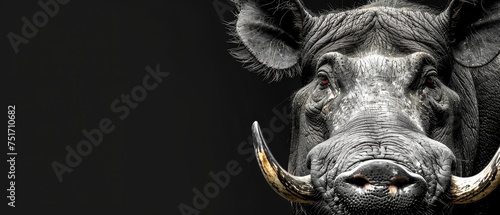 a close up of a rhino's face with very long horns on it's head and a black background. © Jevjenijs