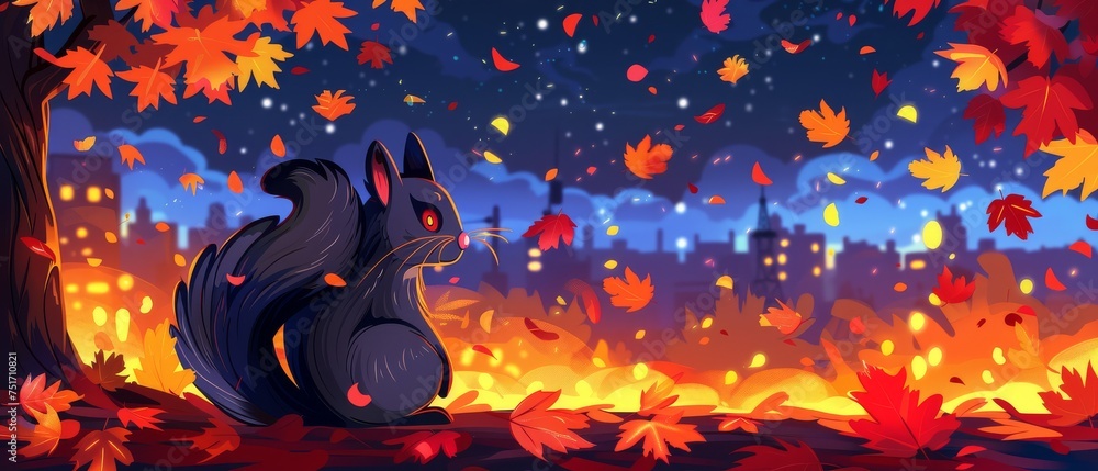 a painting of a cat sitting on a tree branch in front of a night sky ...